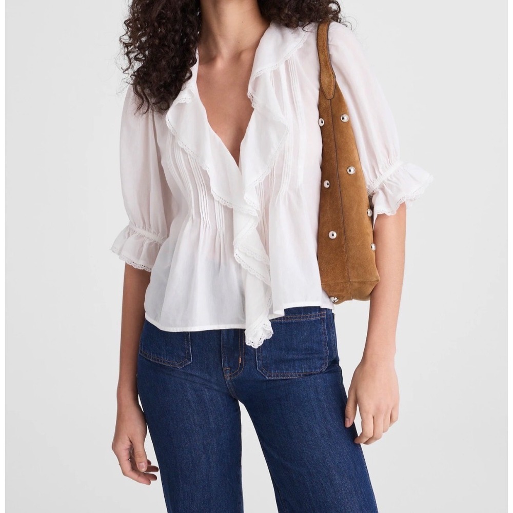 Madewell White Ruffled V-Neck Peasant Blouse